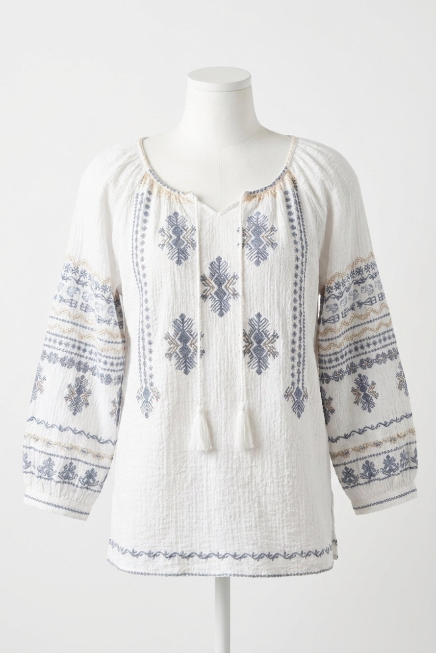 NEW PAPARAZZI embroidered gauze peasant top in white